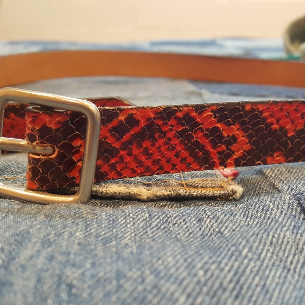 Red snake print leather belt